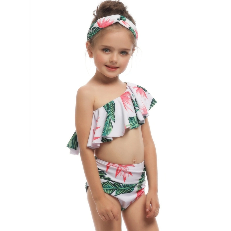 Wholesale/Supplier Children Swimwear Diagonal Shoulder Clothing Bikini Set Beach Holiday Split Swimsuit Two Piece Bathing Suits Sweet Printed Kids Girl Swimwear