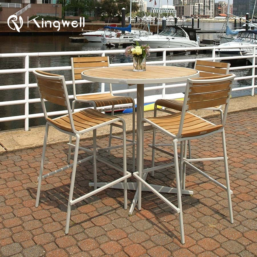 Teak Wood Bar Table High Chairs with Clean Glass on Top