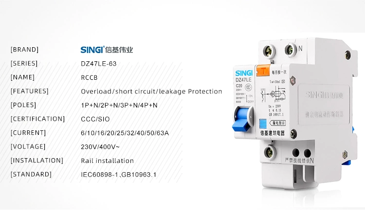 Singi Conventional 6ka Overload Protection 1p-4p Miniature Circuit Breaker with Cheap Price Dz47le-63