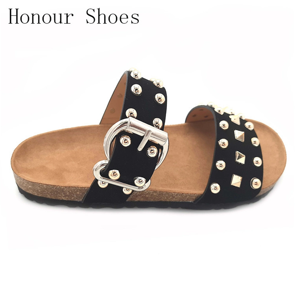 Wholesale/Supplier Rivets with Cork Midsole Sliding Flat Sandals Custom Logo Women's Slippers