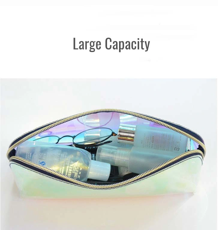 Clear PVC Fashion Cosmetic Pouch Zipper Bag Holographic Toiletry Custom Makeup Brush Bag Rainbow Effect PVC Packing Bags