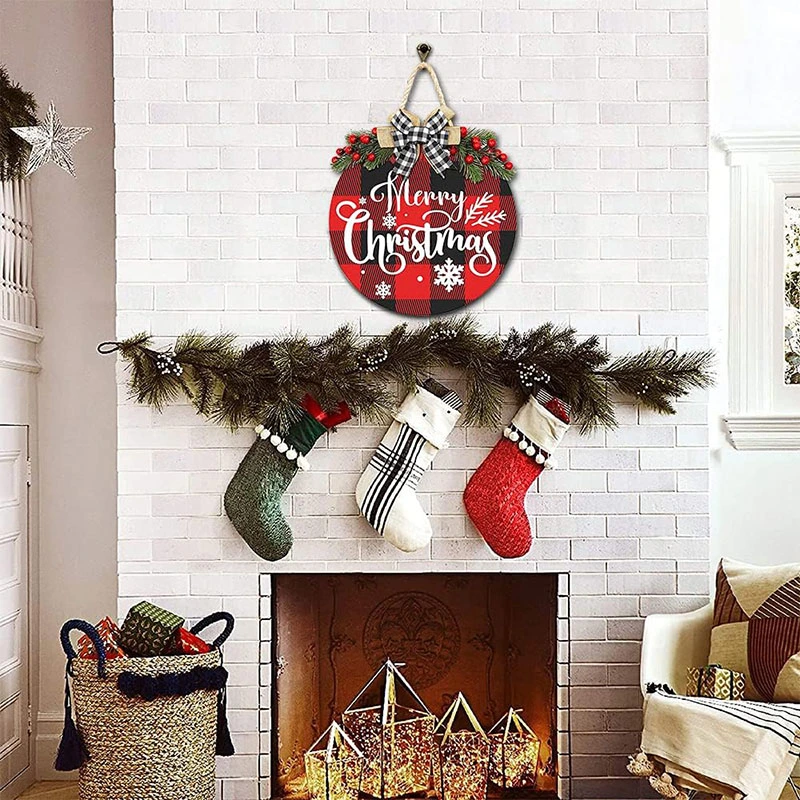 Merry Christmas Decorations Wreath Wooden Plaid Hanging Sign Rustic for Door