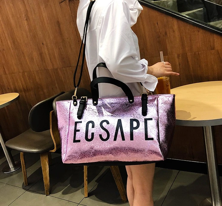 New Women's Metallic Laser PU Travel Bag Large-Capacity Letter Printing Slant Across Shoulder Tote Bag