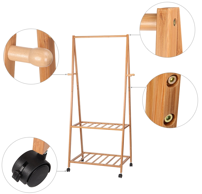 Ropa de bambú color natural Servicio de lavandería Rack con patín inferior Estante para espacio de almacenamiento extra Soporte de prendas de vestir