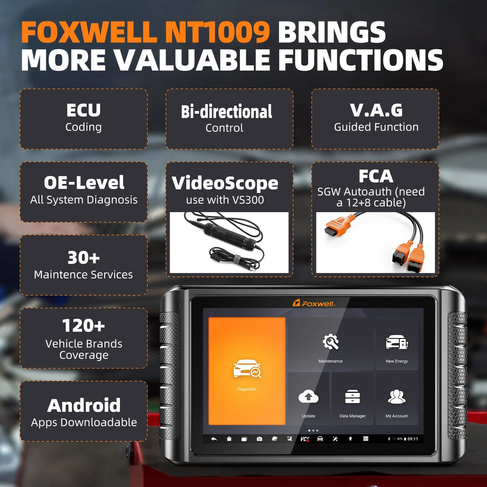 Foxwell Nt1009 OBD2 Car Diagnostic Tools All System 34+ Reset All Makes Free Bi-Directional ECU Coding OBD 2 Automotive Scanner