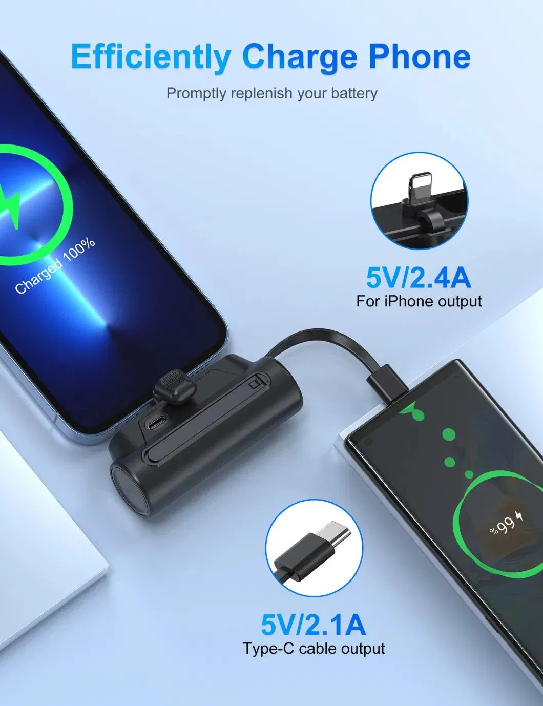 Portable Mini Mobile Power Supply with Flashlight, Cable, and Bracket