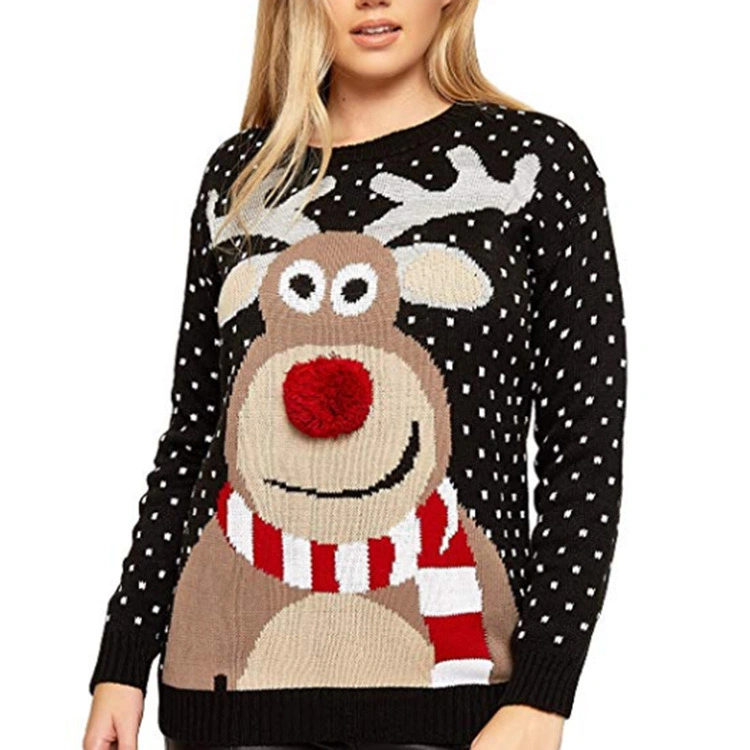 Chandail de Noël personnalisé pour femmes, pull à manches longues et col rond Tricotage jacquard Elk