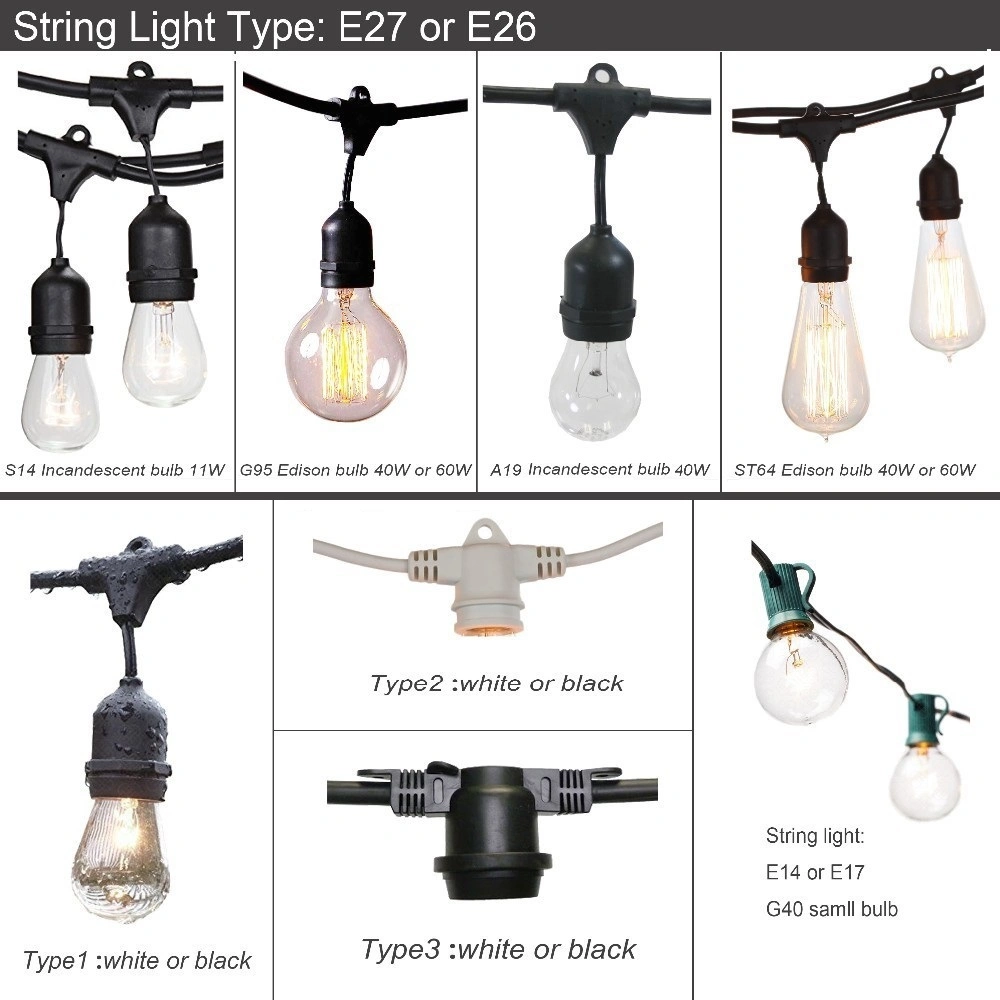 Customized Length Sockets Festoon LED Lighting Outdoor Waterproof Globe String Lights with S14 St64 A19 Edison Bulbs