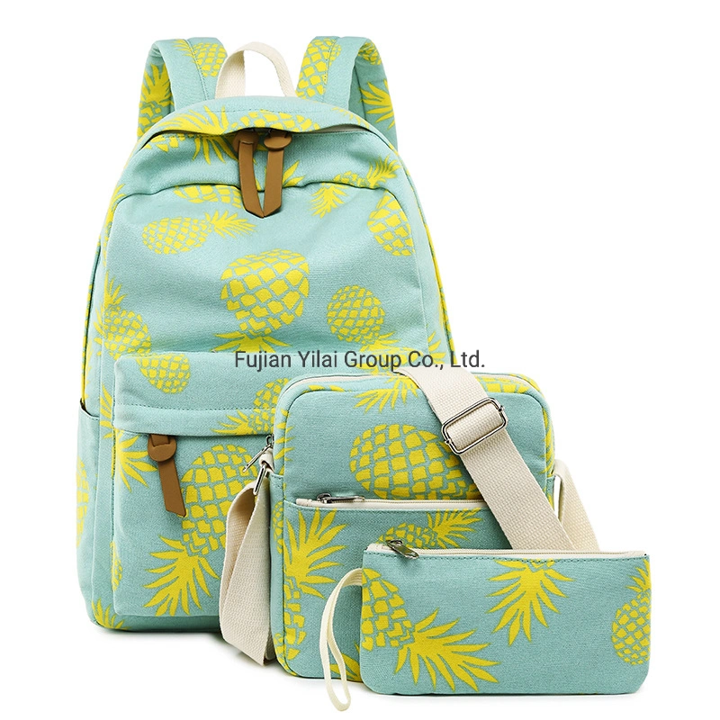 3 in 1 Backpack Sets Durable Cotton Canvas Pineapple Printing Kids Student Book School Bag with Pencil Bag