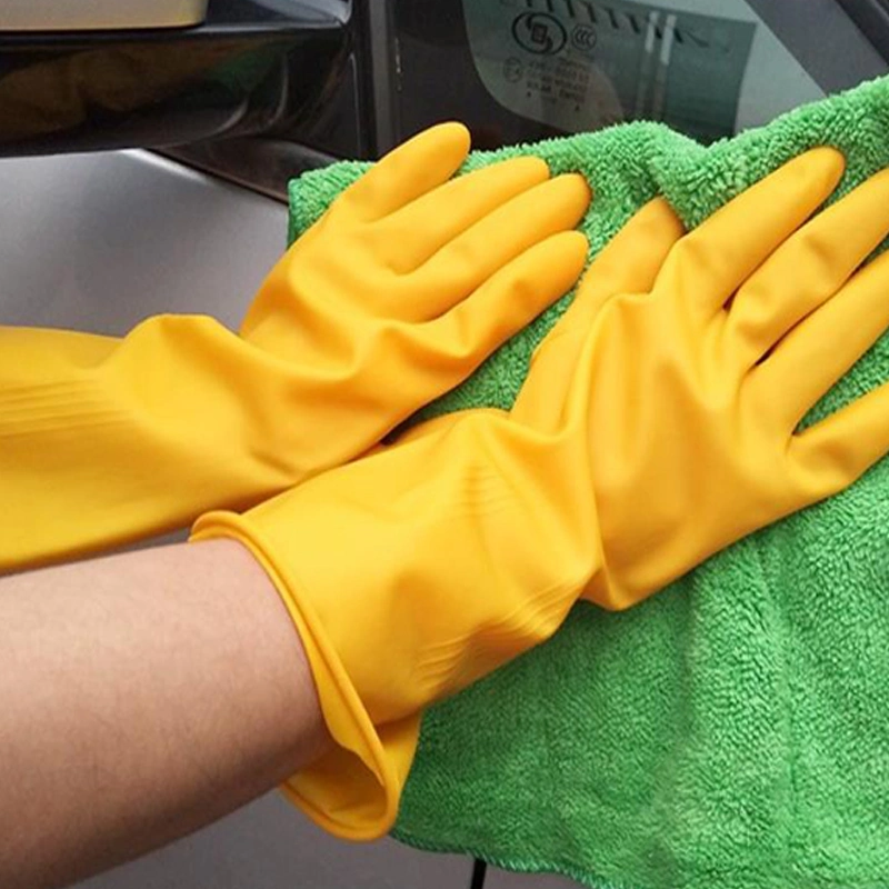 Custom Woman Gradient Yellow Latex Rubber Household Glove Dish-Washing Cleaning Fishscale Grip