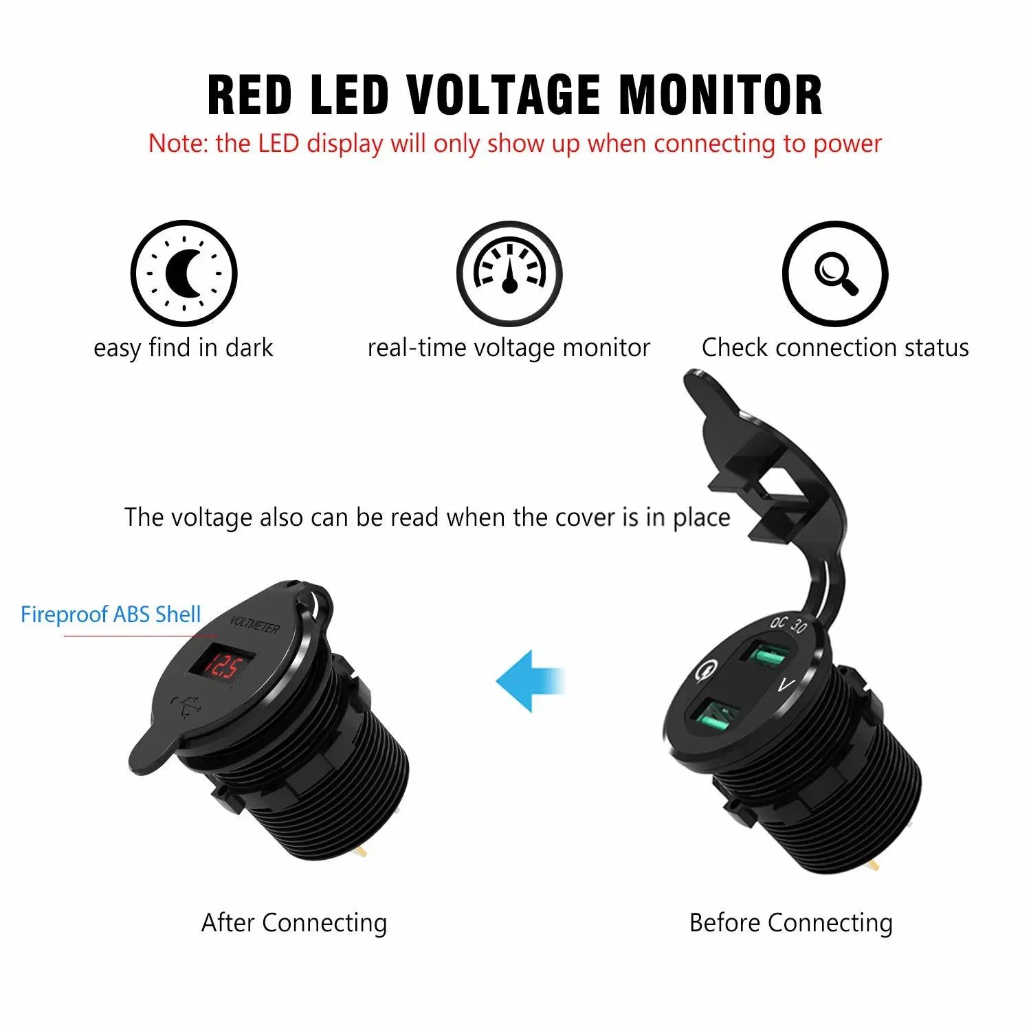 Quick Charge 3.0 USB Charger Socket Dual USB Car Power Outlet Waterproof Marine Cigarette Lighter Adapter 36W Fast Charge with LED Voltmeter