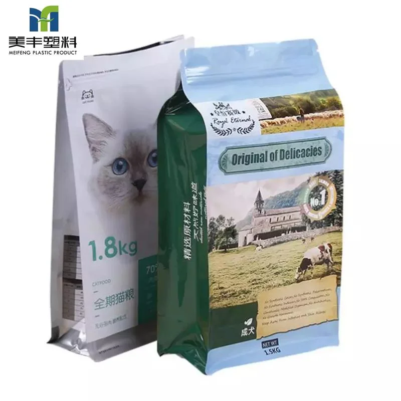 مباشرة الجهة المصنعة اللامعة بأوراق فارنيش مقبض خارجي Pet Food Packaging Bag حقيبة Vecro Zip Quad Seal Bag مسطحة