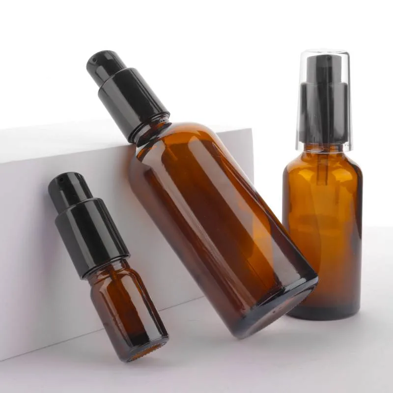 Sale Amber Face Emulsion Essence Glass Lotion Bottle 10ml 20ml 30ml 50ml 100ml with Treatment Pump