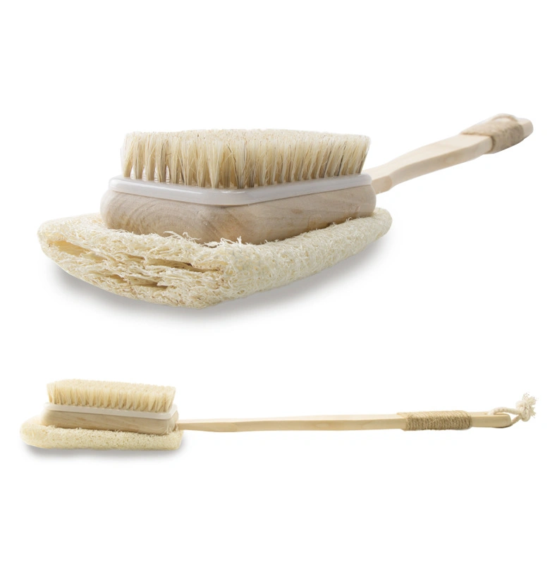 Rectangle Loofah Sponge Bristle Bath Brush with Long Wooden Handle