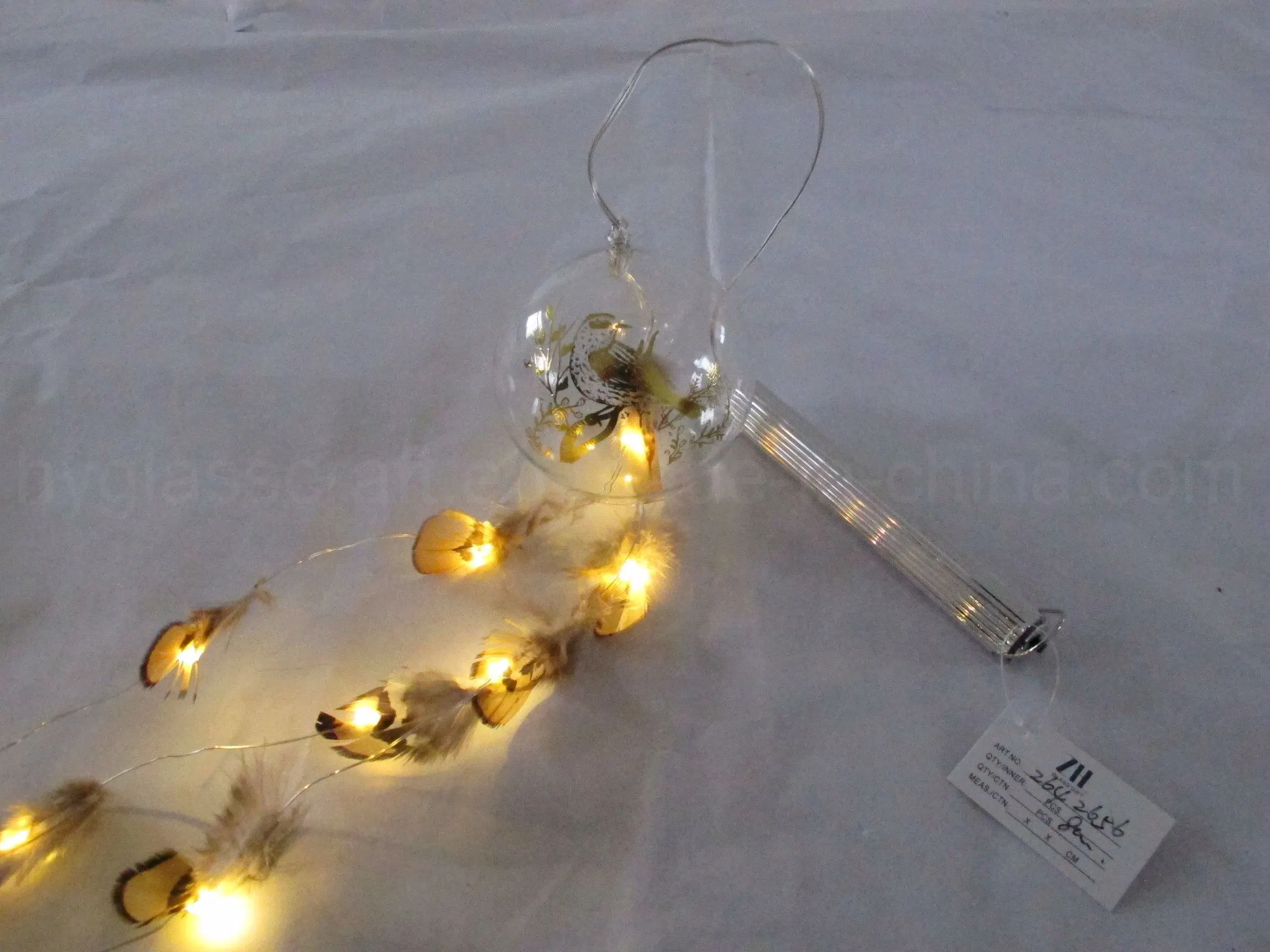 8cm Glass Ball with LED String Lights and Feather Tail