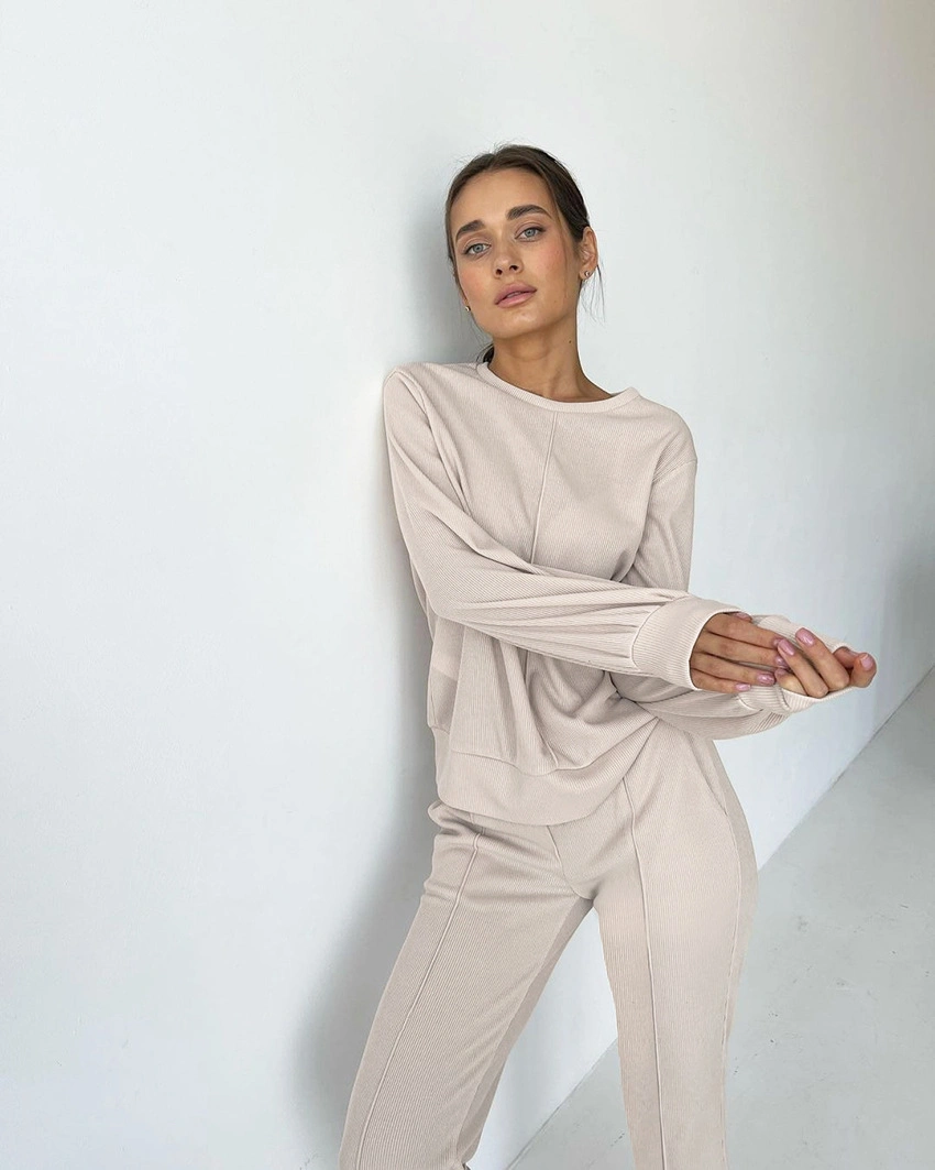 Spring Autumn Ribbed Long Sleeve Women Skims Loungewear Set Pajamas Women's Trouser Suits Lounge Wear