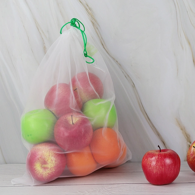 Custom White Shopping Obst und Gemüse Verpackung wiederverwendbare RPET Drawstring Netztasche