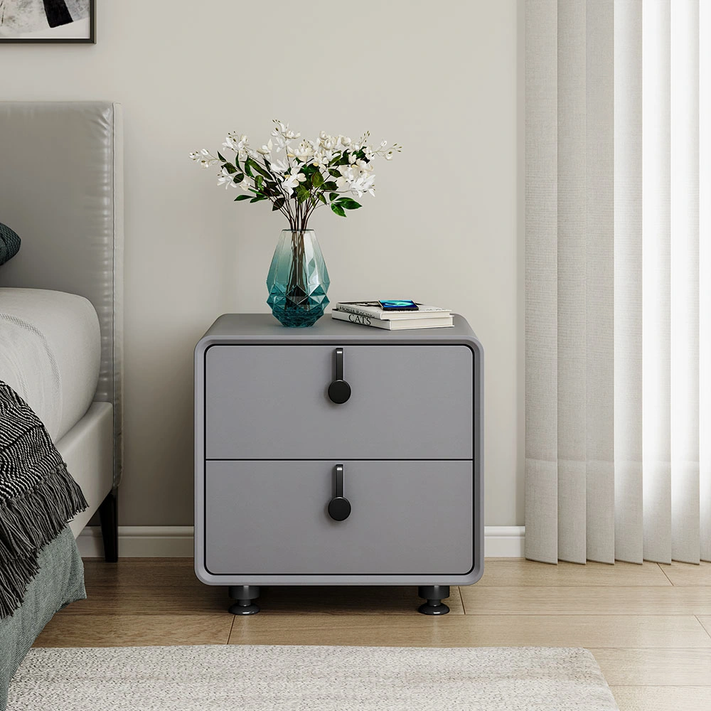 Modern Grey Nightstand with Contemporary Two-Drawer Nightstand with Stainless Steel Accents PU Leather