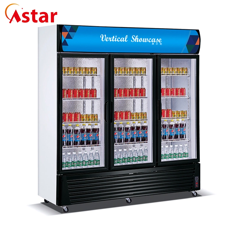 Congelador vertical comercial de 3 puertas, vitrina de exhibición de bebidas, enfriador de refrigerador.