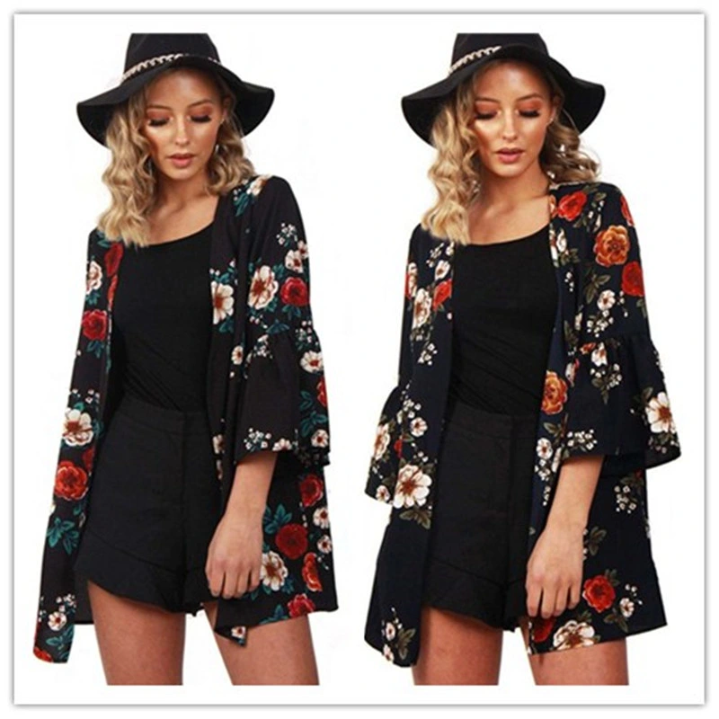 Customized Promotional Wholesale/Supplier New Design New Trend Printed Flower Bud Three Quarter Sleeve Coat Shirt for Women