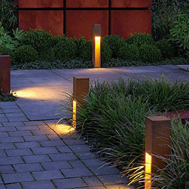Éclairage paysager d'art extérieur Rectangle Slim Tracks Light Boîte d'éclairage en acier Corten rouillé.
