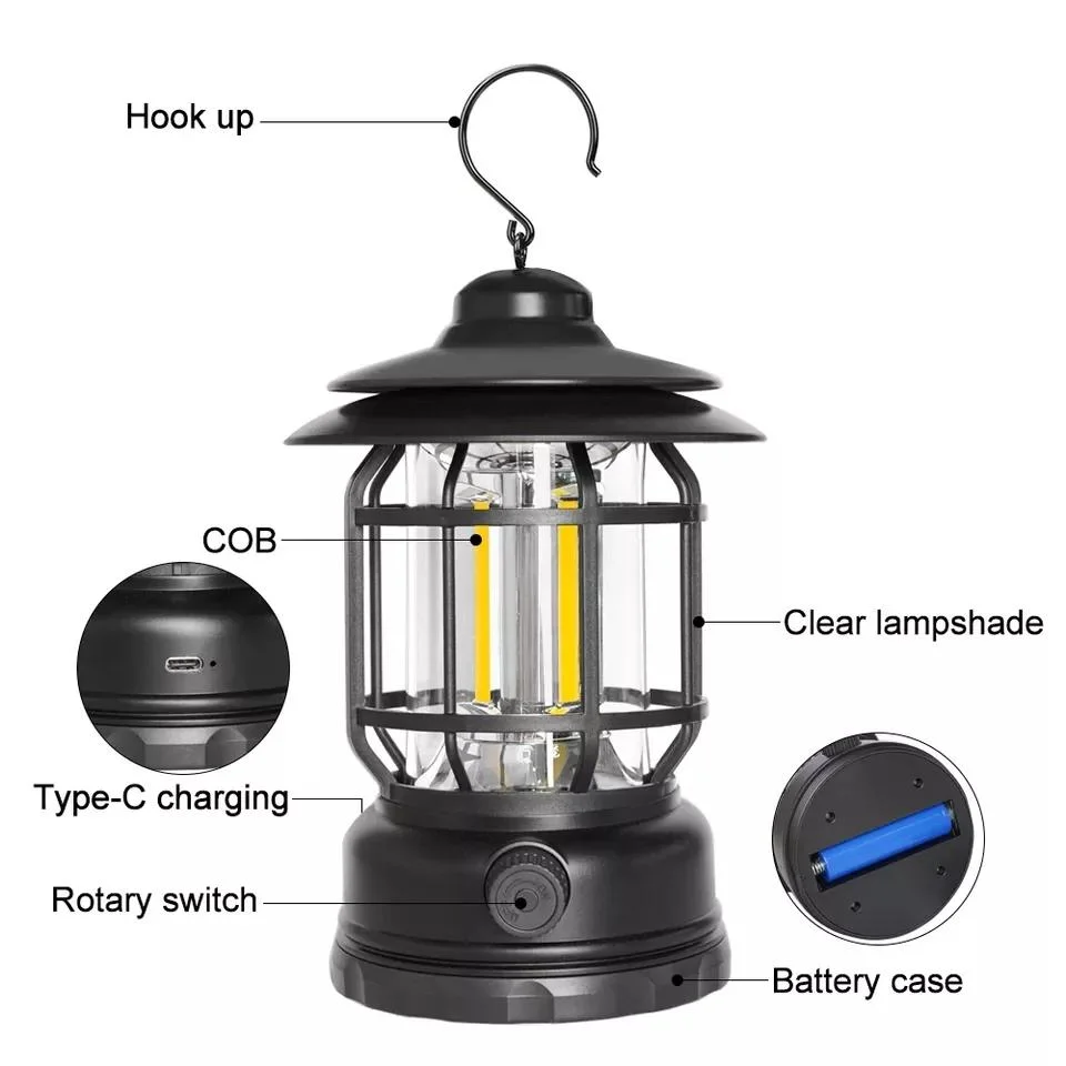 Retro LED Camping Lights USB Rechargeable Portable Hanging Lantern Atmosphere Night Light Hiking Fishing Tent Outdoor Lighting