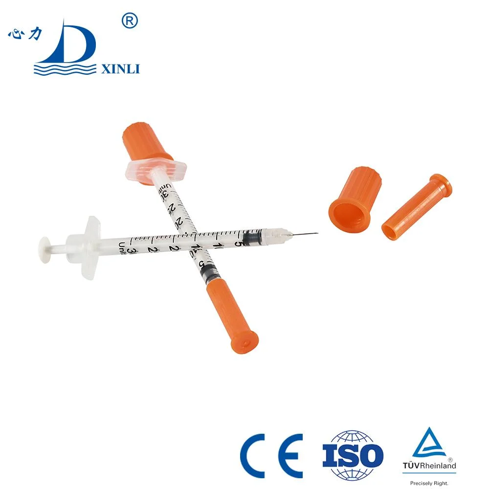 Factory Disposable Medical Sterile Injection Plastic Insulin Syringe with Orange Cap 0.3ml, 0.5ml, 1ml