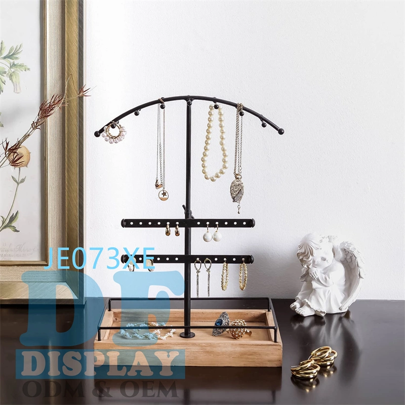 Vintage Jewelry Tree Stand 3-Tier Jewelry Hanging Organizer for Tabletop Display Necklace Earring Bracelets Rings Storage Rustic Wooden Tray