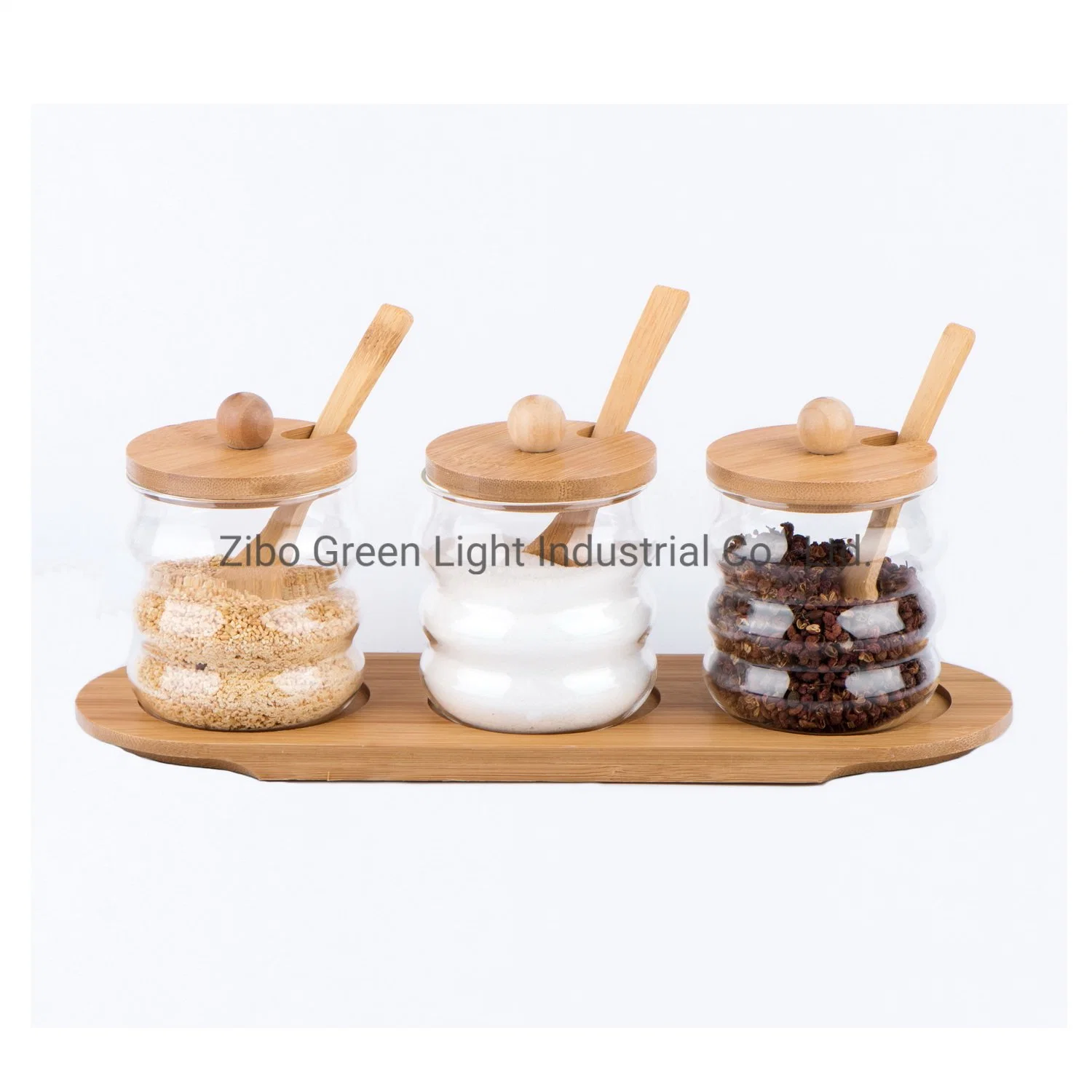 3PCS Borosilicate Glass Spice Jar with Bamboo Wood Lid Spoon and Rack