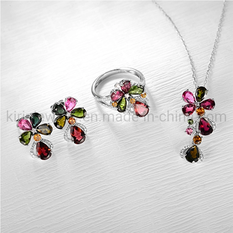 Lucky Goods Wedding Flower Tear Drop Diamond Ring 4 Leaf Clover Earrings Necklaces Pendant Ring 3 Piece Bridal Wedding Jewelry Set