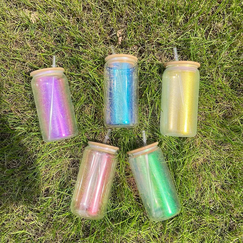 16oz 20oz Blank Sublimation Iridescent Rainbow Glitter Ombre Color Iridescent Glass Can with Bamboo Lid and Straw for Water, Wine, Beer, Cocktails