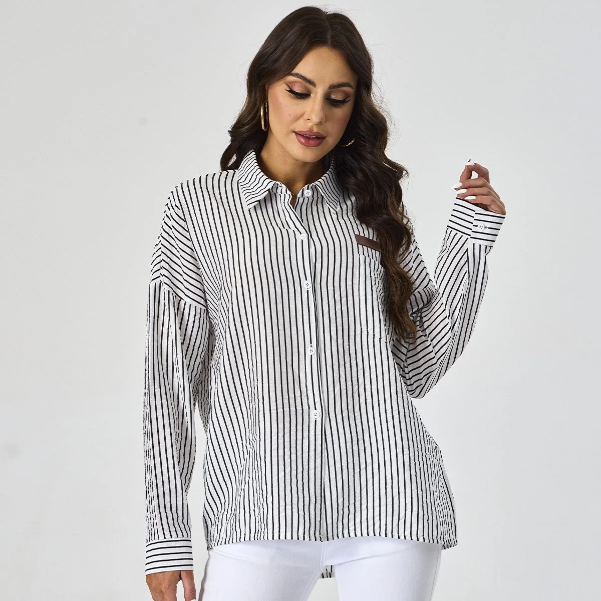 Custom Stripe Printing Collor Down Pocket Patch Casual Female Top Long Sleeve Women Shirts