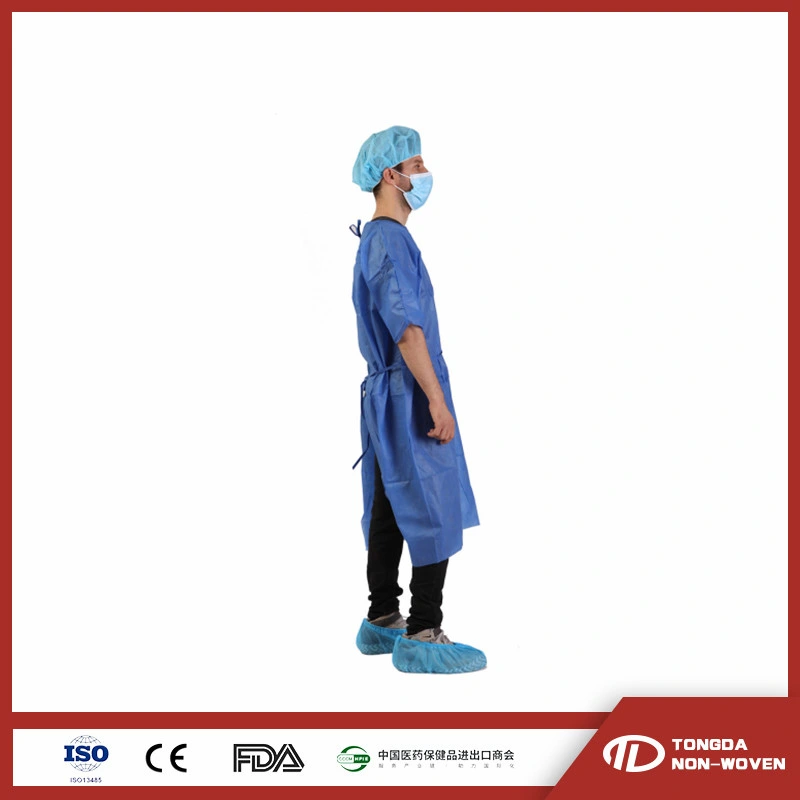 Blue Standard Reinforced Disposable Surgical Non Woven Waterproof Patient Gown with Tie