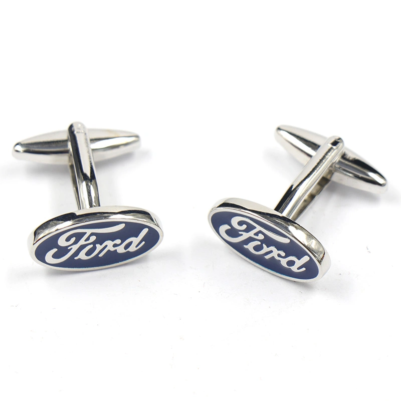 Liga de metal personalizado de fábrica Mens decoração manguito ornamento, fabricante de acessórios de esmalte Personalizado Bespoke Prateado o logotipo da marca de automóveis Ford Cufflink