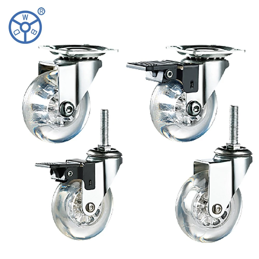 Wbd Transparent 2 Inch PU Material Hot Seller Furniture Threaded Stem Caster Wheel with Plastic Brake