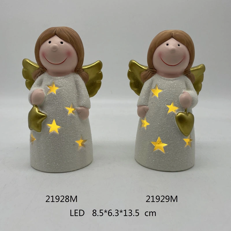 White Ceramic Lovely Angel with Golden Wings in LED Lighting for Christmas Decoration