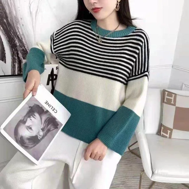 Striped Sweater Female 2023 Autumn New Crew Neck Pullover Sweater Lazy Wind Loose Large Size Leggings Wholesale/Supplier