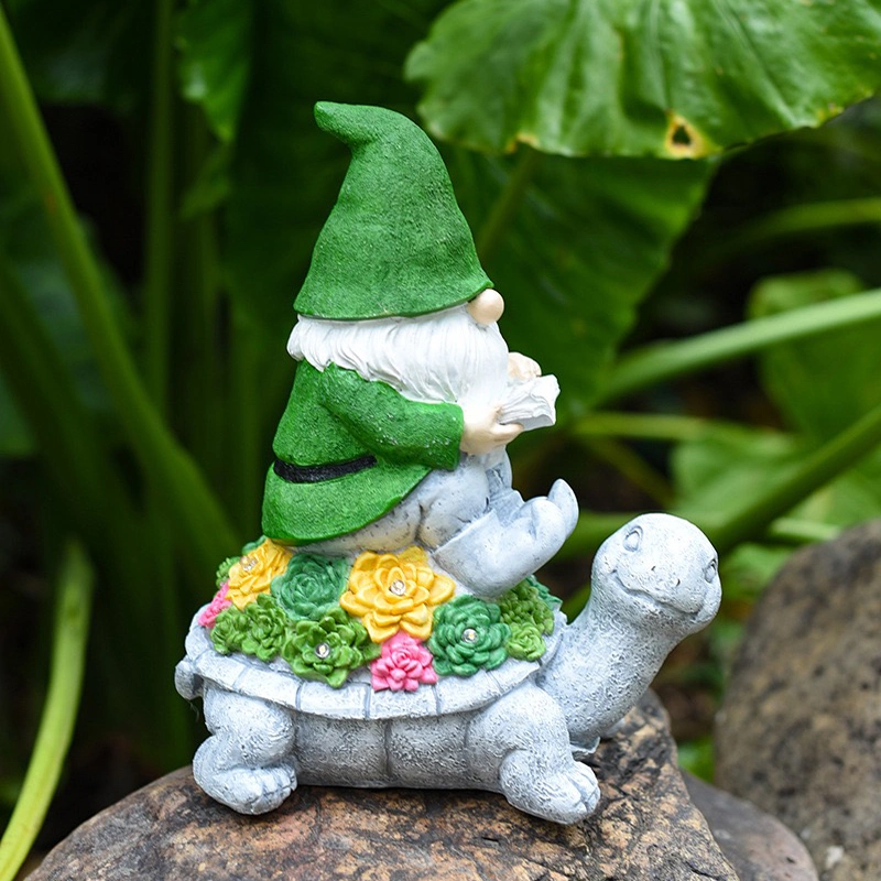 Jardín de resina Gnome Figurita lámpara solar sentada en la lectura de la tortuga Libro decoración porche