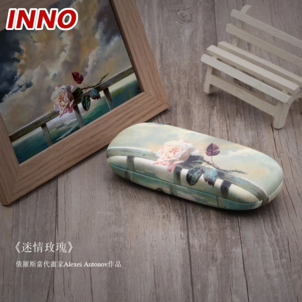 Inno-T163 Manufacturer Direct Selling Oil Painting Style PU Leather Iron Glasses Case; Free Custom Logo