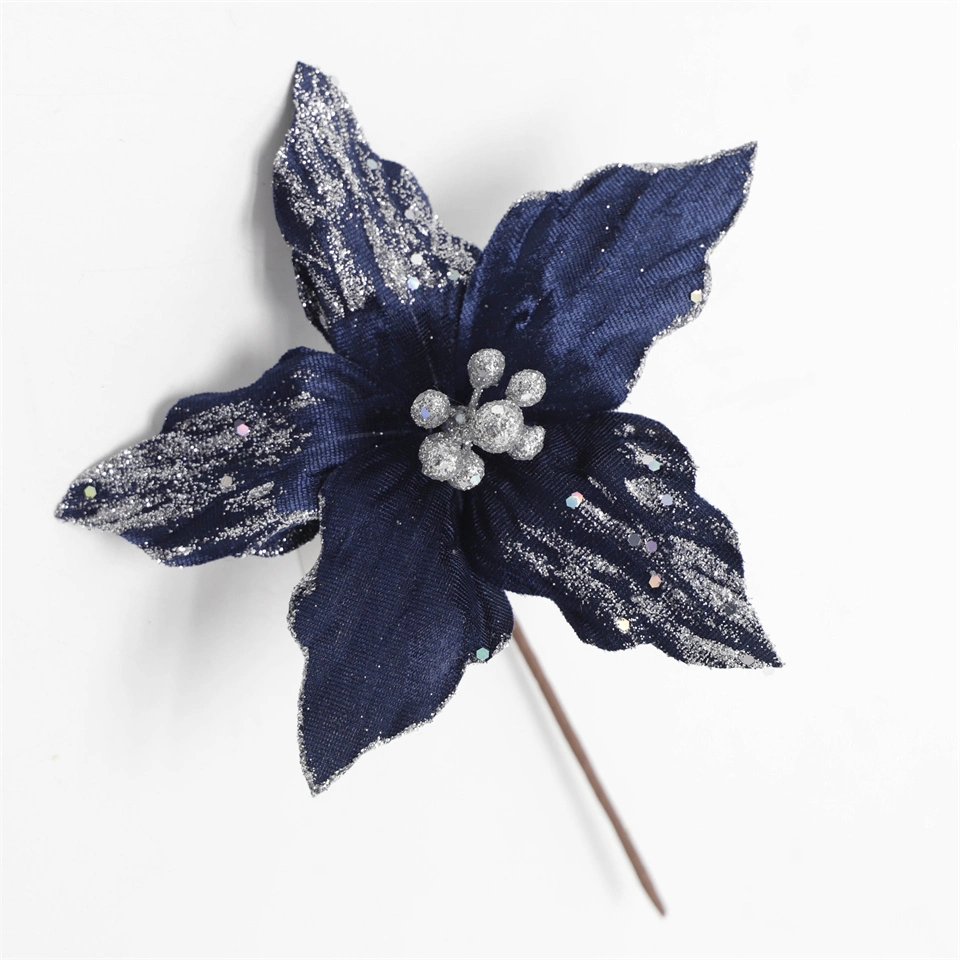 Blue Velvet Sequin Christmas Flower Sacred Tree Decoration Home Decoration Assorted Artificial Flower Poinsettia