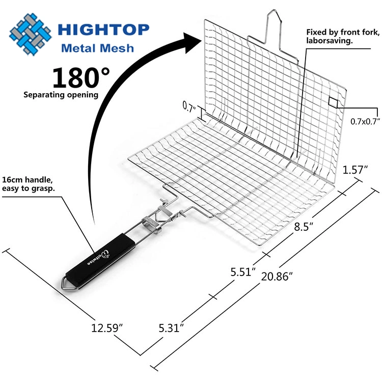 Factory Directly Stainless Steel BBQ Basket Flexible Fish Meat Vegetable Grill Net with Wooden Handle