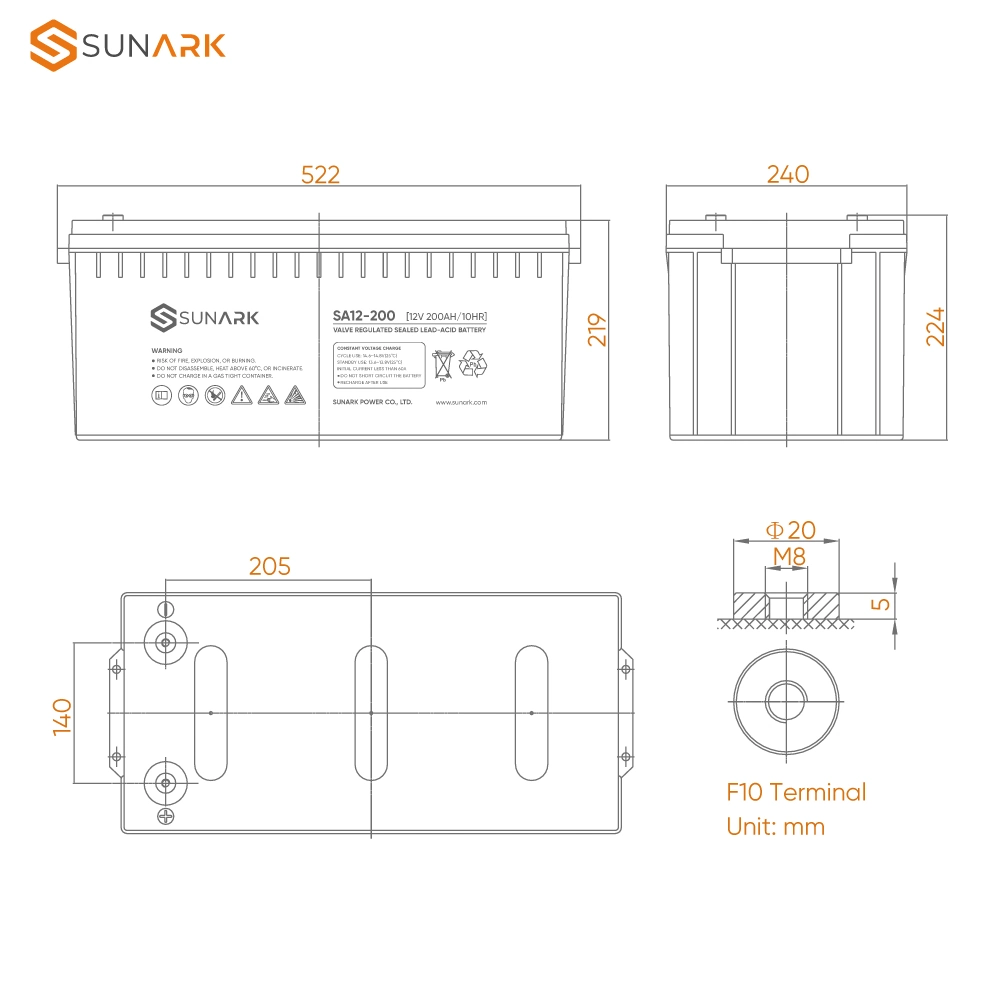 Achat en ligne entretien gratuit Sunark batterie au plomb solaire 12V batteries au plomb 200 ah 250 ah 260 ah