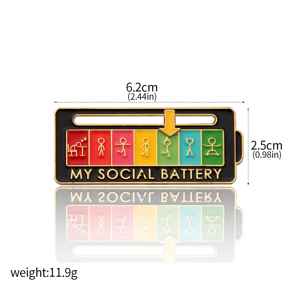 Factory Promotion Gifts Social Battery Creative Enamel Lapel Pin Sliding Brooch for Clothes Bag