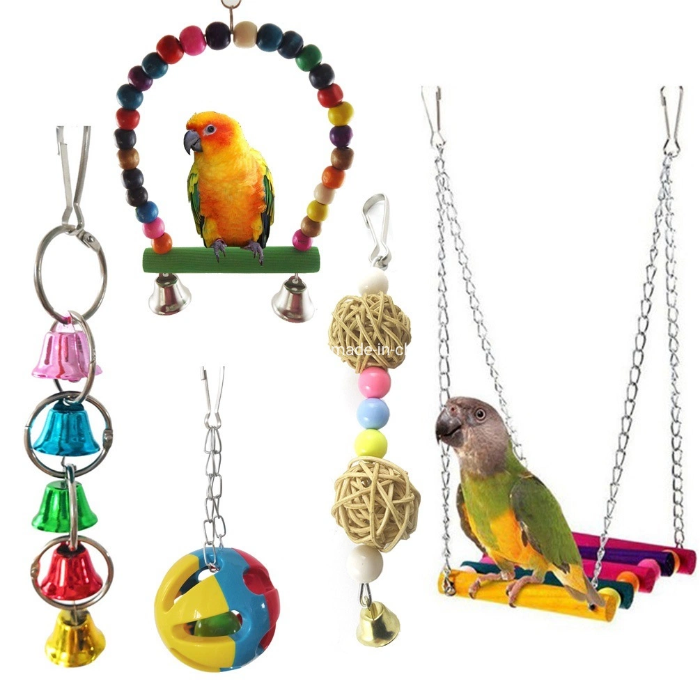 Bird Colorful Bell Wooden Hanging Perch Toy Hammock - 5 PCS Bird Cage Toys Set Esg16532