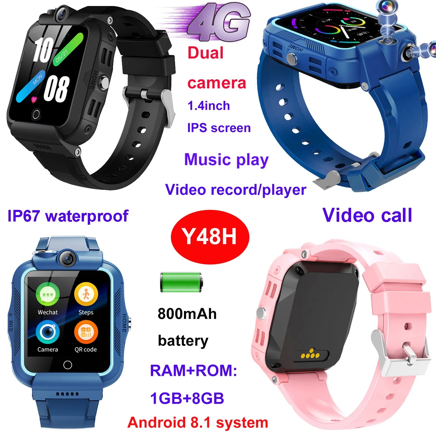 New developed IP67 waterproof parental control dual camera Kids security GPS Tracker watch phone with 2 way Voice Video call Y48H