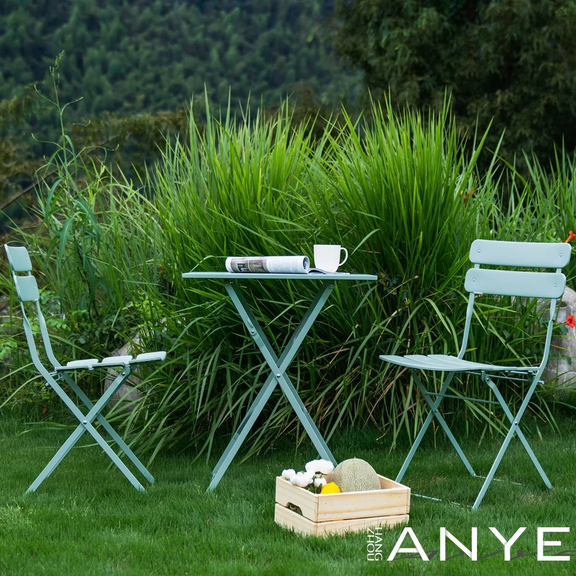 Modern Outdoor Leisure Metal Garden Table Folding Coffee Shop Chair Furniture Set