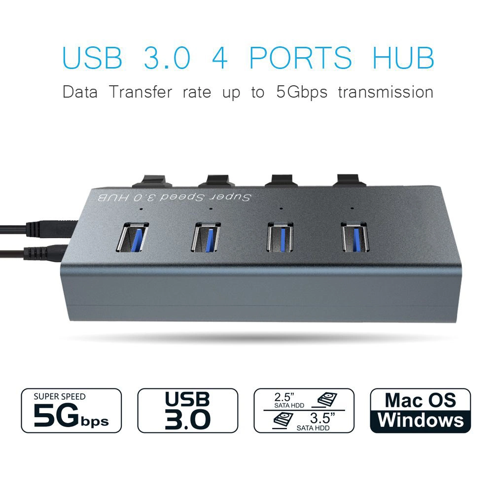 Aluminum Vertical 4-Port USB 3.0 Hub with Individual on/off Power Switch USB Splitter Adapter Cable Fast Charging 20V/4A