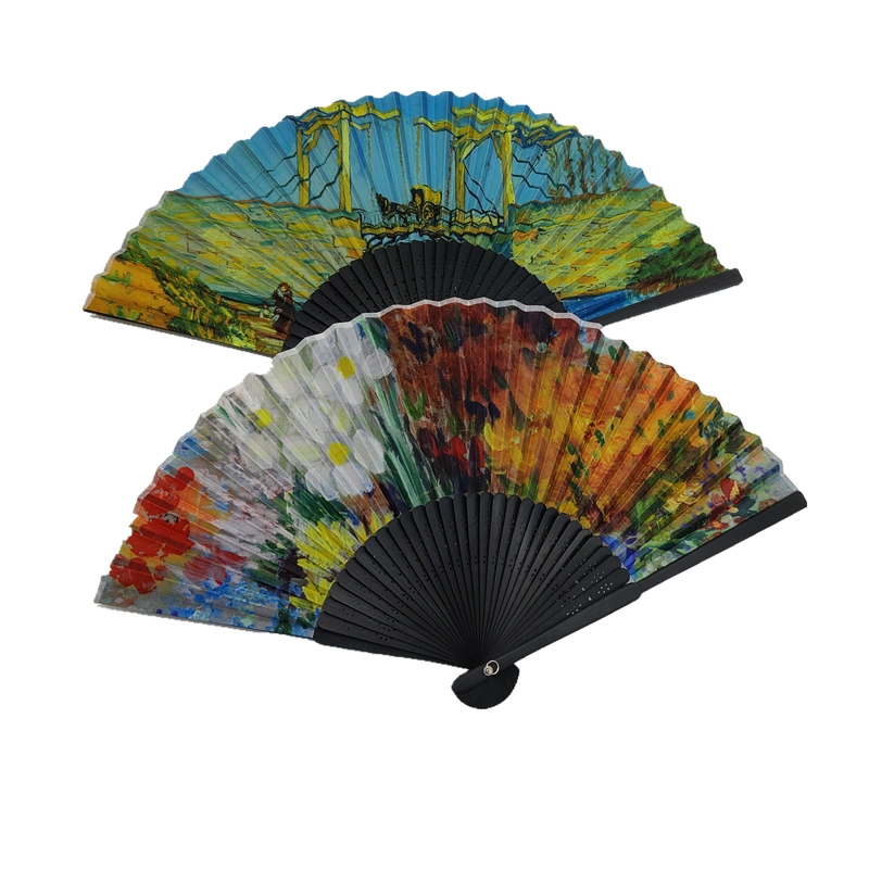 21cm Custom Printed Silk/Paper Bamboo Fan with Black Ribs