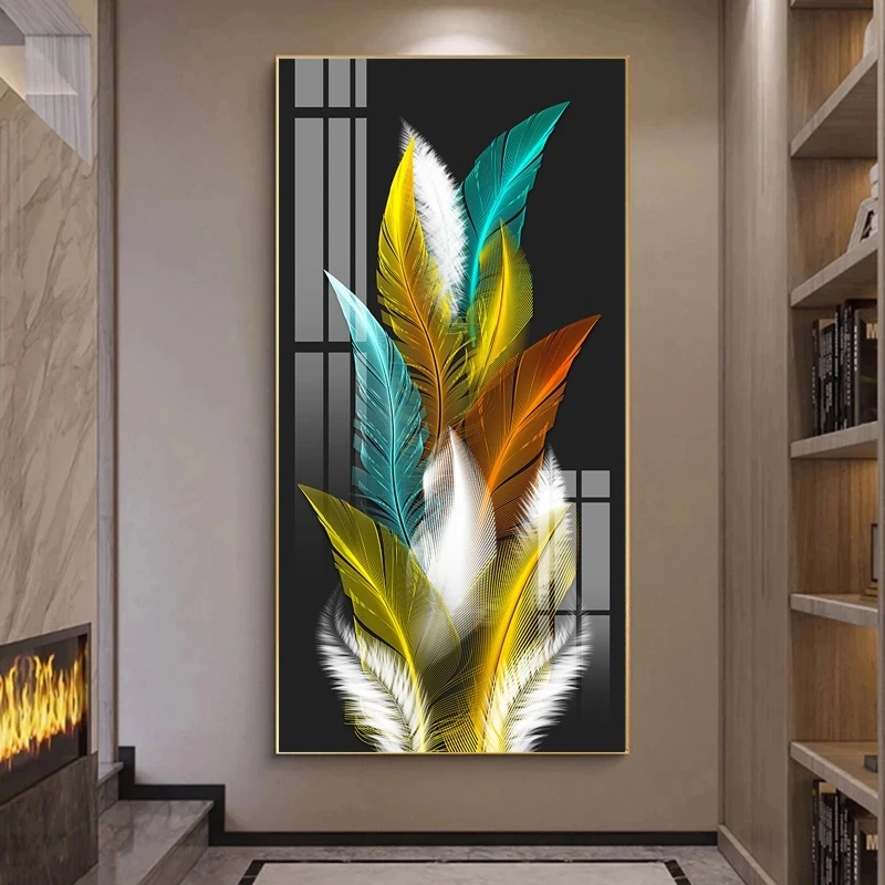 2022 New Design Abstract Feather Crystal Porcelain Painting Light Luxury Wall Art