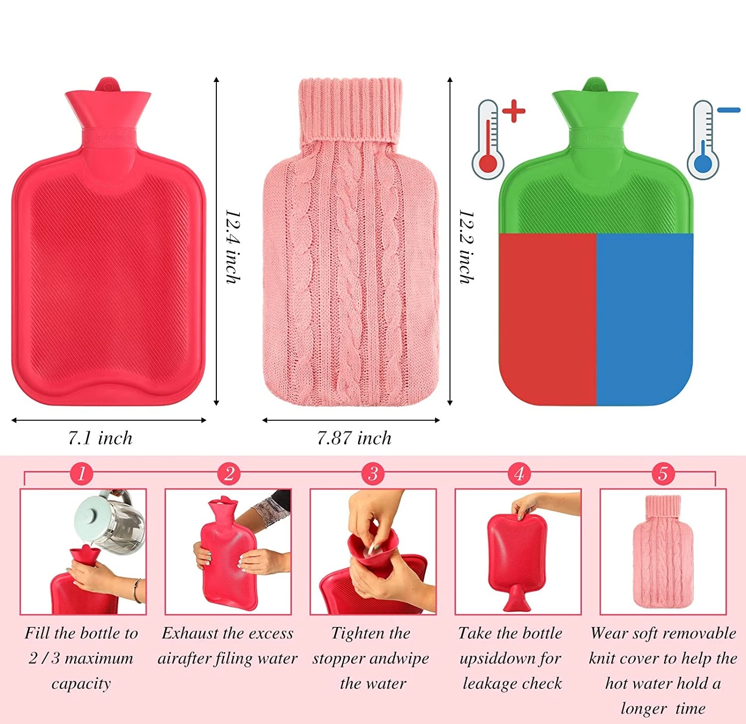 Rubber 2L Hot Water Bottle with Knitted Cover for Cramps Pain Relief